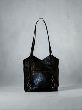 Italian Leather Convertible Backpack Shoulder Bag Black Firenze Plaid Lining